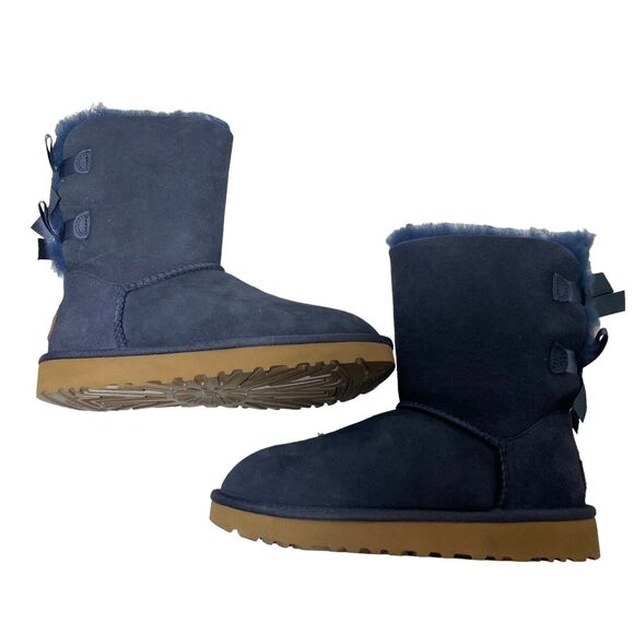 UGG Boots Womens Size 5 Bailey Bow II Navy Blue Suede Leather Short Flat - Picture 5 of 5